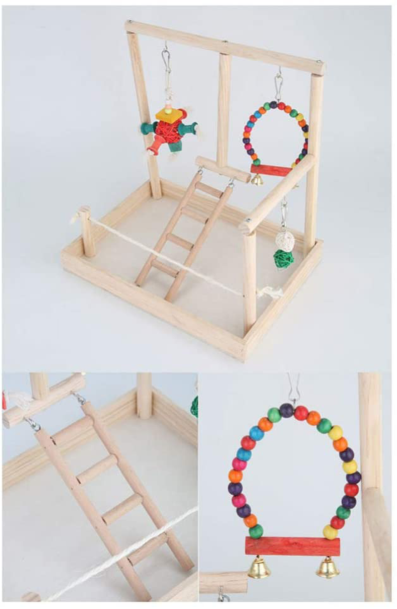 POPETPOP Wooden Bird Play Stand with Swing Perch Chewing Toy Ladder Play Gym Playground Activity Toy for Parakeets Budgie Cockatiels Animals & Pet Supplies > Pet Supplies > Bird Supplies > Bird Gyms & Playstands POPETPOP   