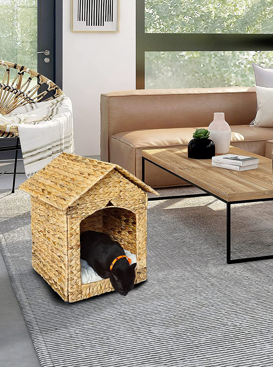 B.U.STYLE Ecofriendly Pet House Indoor, Foldable Puppy Bed, Cat Dog Housewater Hyacinth House for Indoor Used, and Natural Soft Cushion, Natural Color, 16.1Inl X 15.7W X 18.9Hin