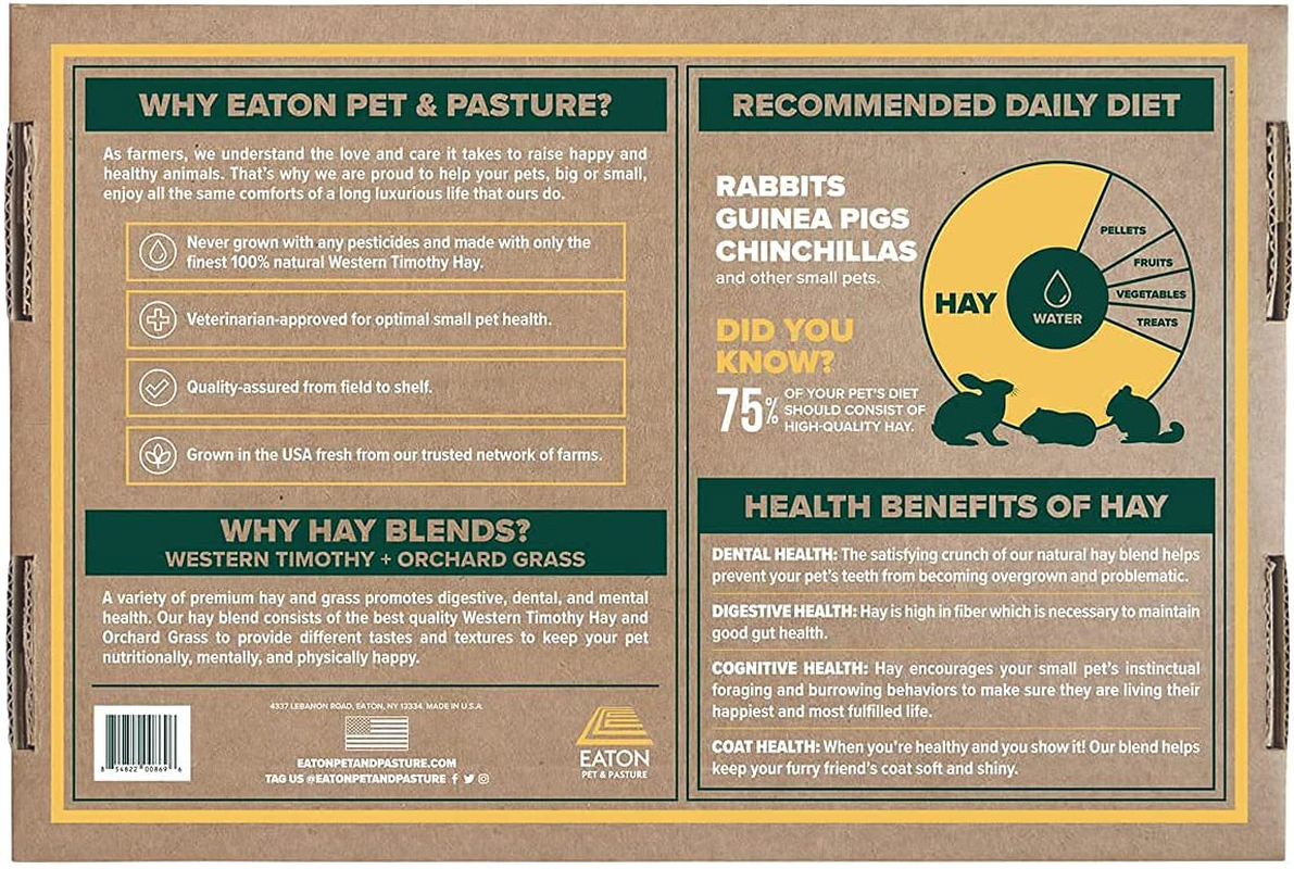 Eaton Pet and Pasture Naturally Grown, Premium, First Cut Blend, Western Timothy Hay Orchard Blend, Small Animal Food, Sustainable, Eco-Friendly, Farmer-Owned, 6Lb-Box. Animals & Pet Supplies > Pet Supplies > Small Animal Supplies > Small Animal Food Eaton Hemp   