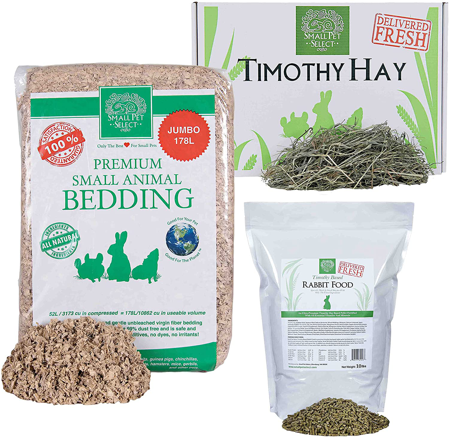 Small Pet Select Deluxe Combo Pack for Rabbits Animals & Pet Supplies > Pet Supplies > Small Animal Supplies > Small Animal Bedding Small Pet Select 10 lb Timothy Hay, 10 lb Rabbit Food, 178L Bedding  