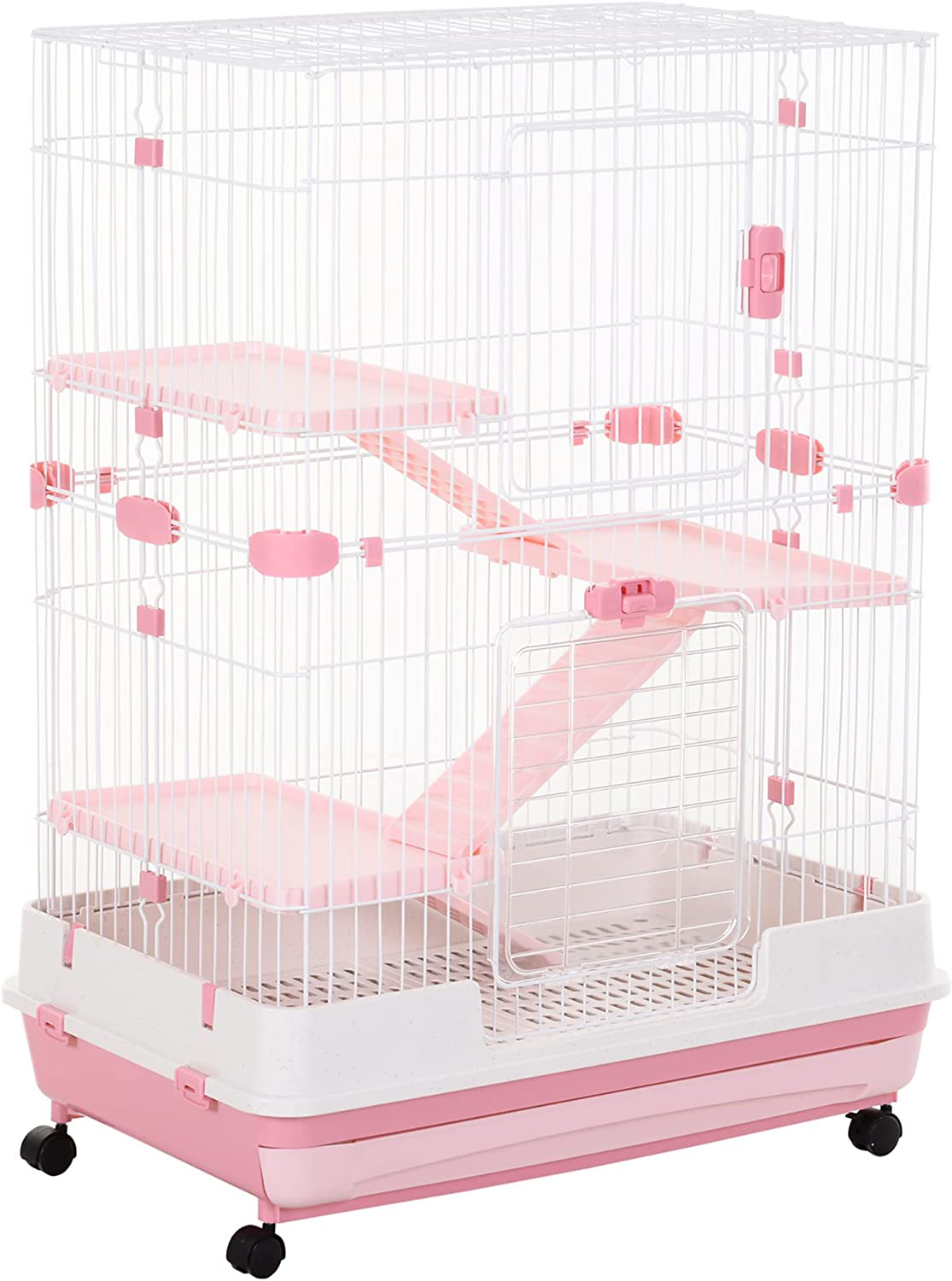 Pawhut 32”L 4-Level Indoor Small Animal Rabbit Cage with Wheels Animals & Pet Supplies > Pet Supplies > Small Animal Supplies > Small Animal Habitats & Cages Aosom LLC Pink  