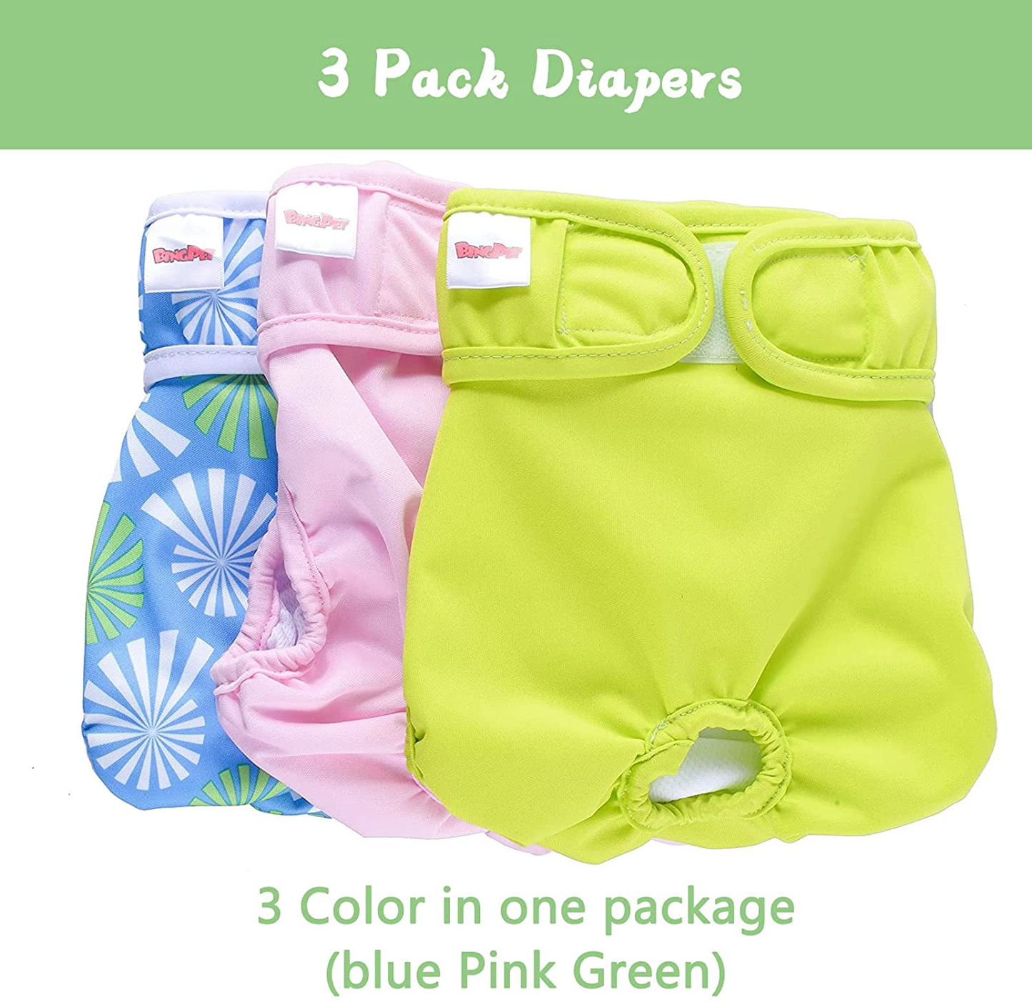 BINGPET Dog Diapers Female Washable Reusable (Pack of 3) Animals & Pet Supplies > Pet Supplies > Dog Supplies > Dog Diaper Pads & Liners BINGPET   