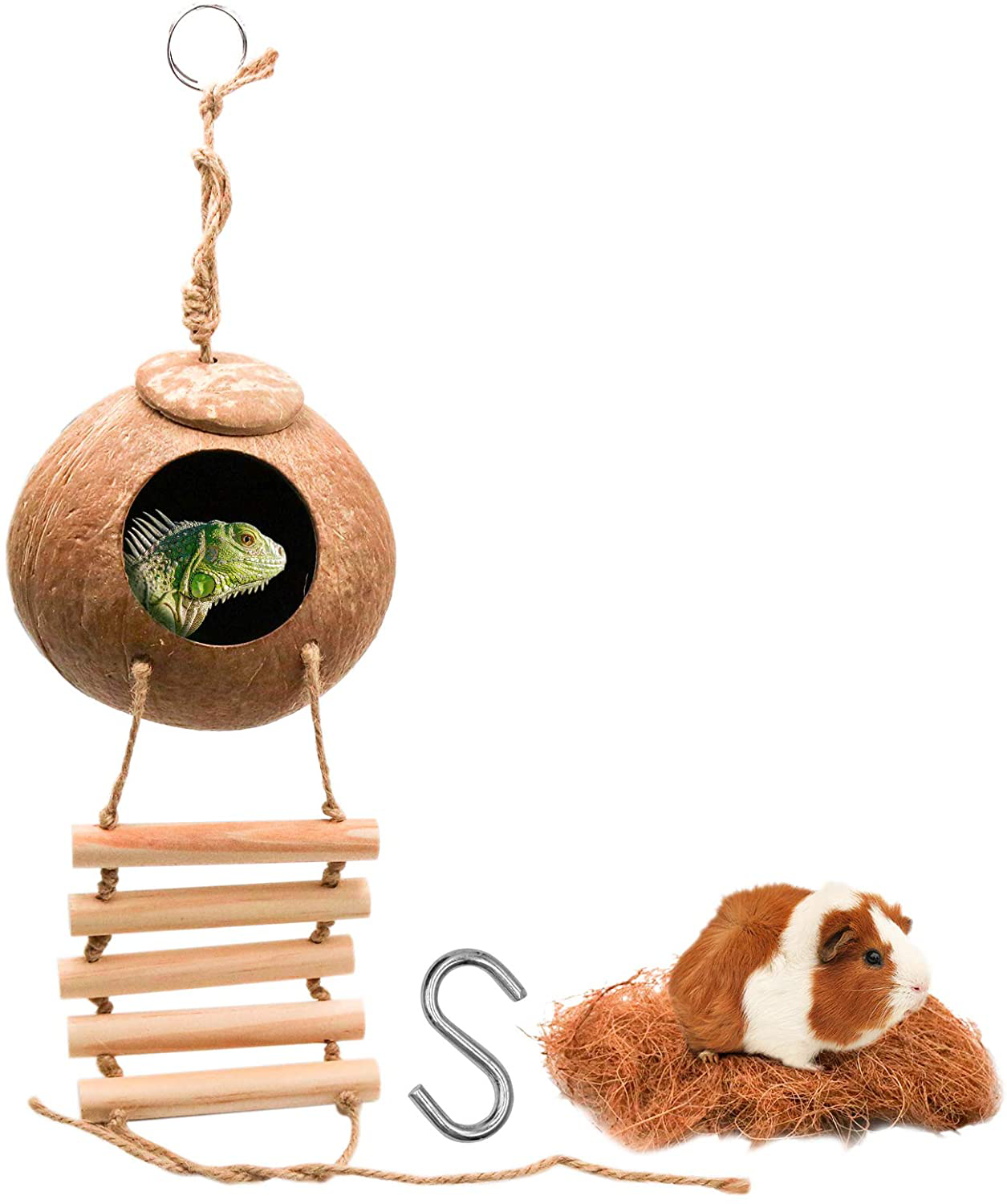 Crested Gecko Coco Hut Shell Bird House, Sturdy Hanging Home, Climbing Porch, Hiding, Sleeping&Breeding Pad, Rough Texture Encourages Foot and Beak Exercise, Suitable for Reptiles, Amphibians Animals & Pet Supplies > Pet Supplies > Reptile & Amphibian Supplies > Reptile & Amphibian Habitat Accessories suruikei Ladder  