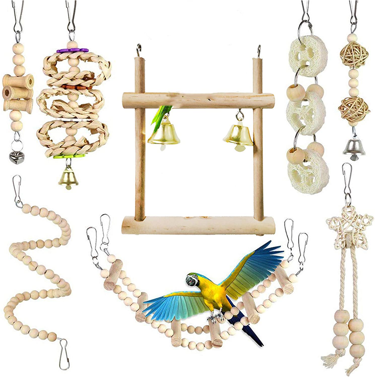 N / a 7/8 Pcs Bird Toys, Parrot Natural Wood Hanging Swing Standing Climbing Chewing Perch Hammock Rope Ladder Bell Bird Cage Toys for Parrots, Love Birds, Parakeet, Mynah, Conure, Cockatiel Animals & Pet Supplies > Pet Supplies > Bird Supplies > Bird Ladders & Perches N / A Style 3  