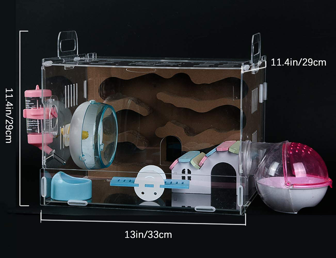 Nynelly Hamster Cage,Transparent Durable Small Animal Cage and Habitats House,Include Hamster Maze,Exercise Wheel, Water Bottle, Hamster Hideout, Food Bowl,13" L X 11.4" W X 11.4" H