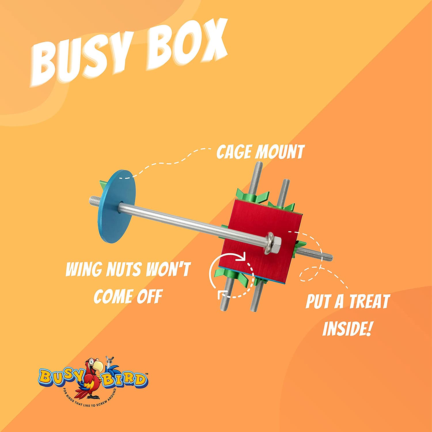 Busy Bird | Box Foraging Bird Toy - Rounded Corners, Non-Removable Wing Nuts - 100% Metal, Ultimate Brain Teaser and Mind Game for Medium to Extra Large Birds Animals & Pet Supplies > Pet Supplies > Bird Supplies > Bird Toys Busy bird for birds that like to screw around   