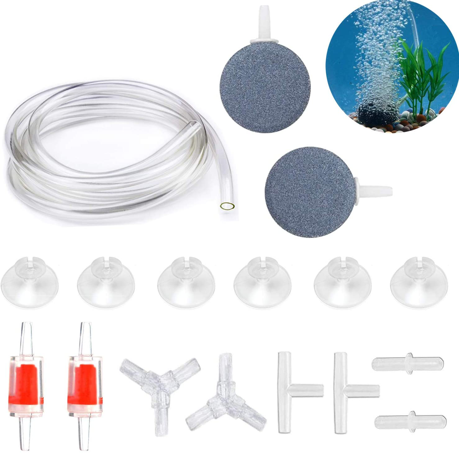 Dekago Transparent Airline Tubing Standard Aquarium Air Pump Accessories Kit with Check Valves, Air Stones, Suction Cups and Connectors for All Fish Tank