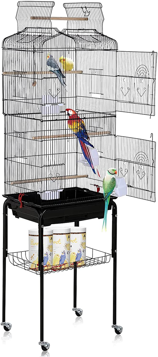 Bird Cage, 64 Inch Open Top Parakeet Cage with Rolling Stand for Medium Small Cockatiel Macaw Conure Lovebird Canary Bird Wrought Iron Flight Pet House with Storage Shelf Animals & Pet Supplies > Pet Supplies > Bird Supplies > Bird Cages & Stands Dkeli   