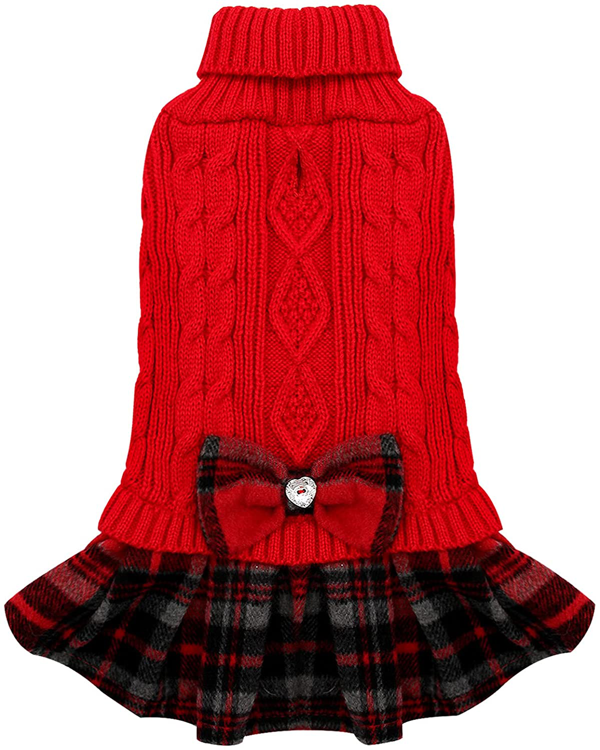 KYEESE Dog Sweater Dress with Leash Hole Plaid with Bowtie Turtleneck Dog Pullover Knitwear Pet Sweater Warm for Fall Winter Animals & Pet Supplies > Pet Supplies > Dog Supplies > Dog Apparel KYEESE Red X-Small (Pack of 1) 