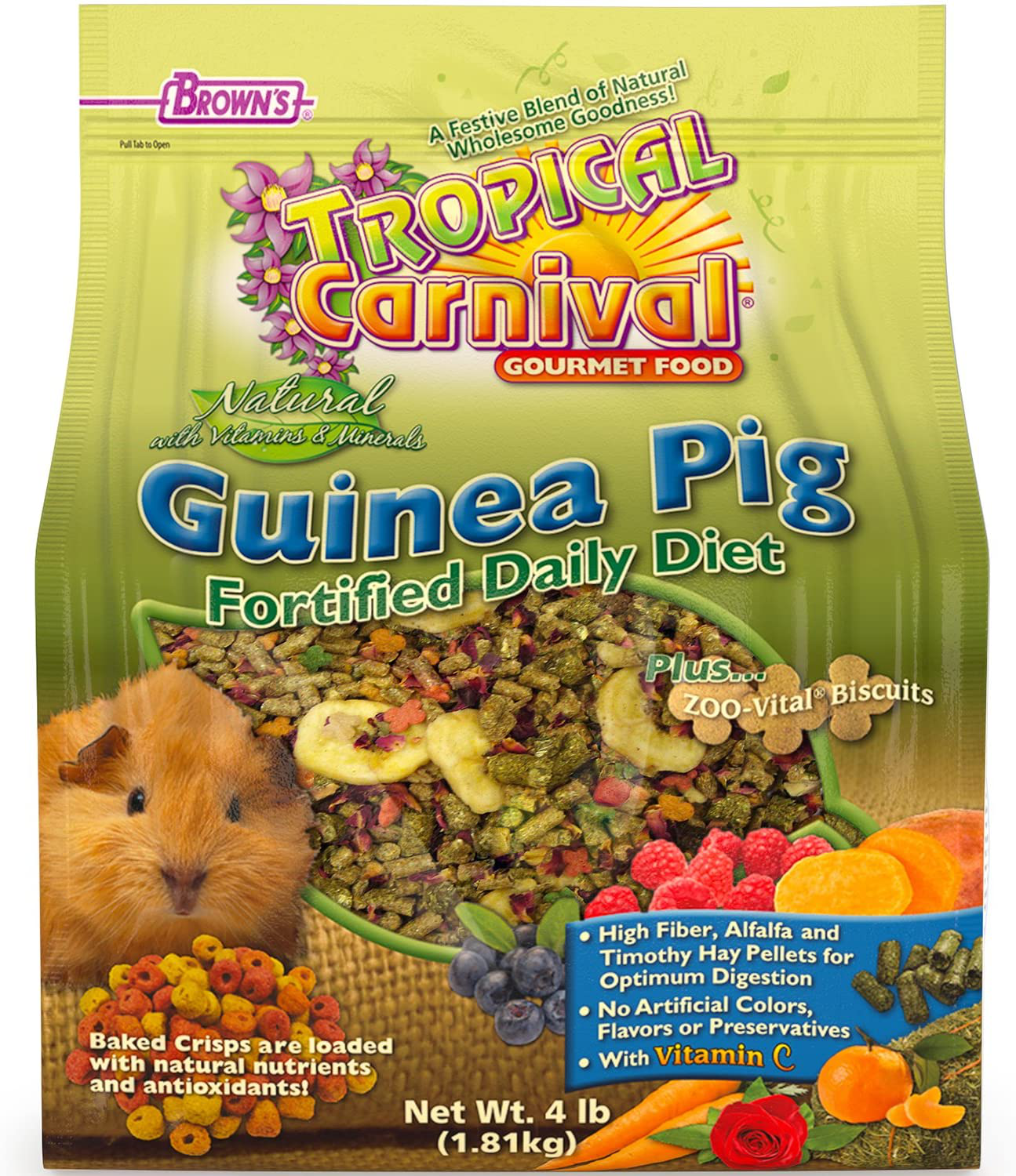 F.M. Brown'S Tropical Carnival, Natural Guinea Pig Food, Vitamin-Nutrient Fortified Daily Diet with Vitamin C and High Fiber Alfalfa and Timothy Hay Pellets for Optimum Digestion, 4 Lb