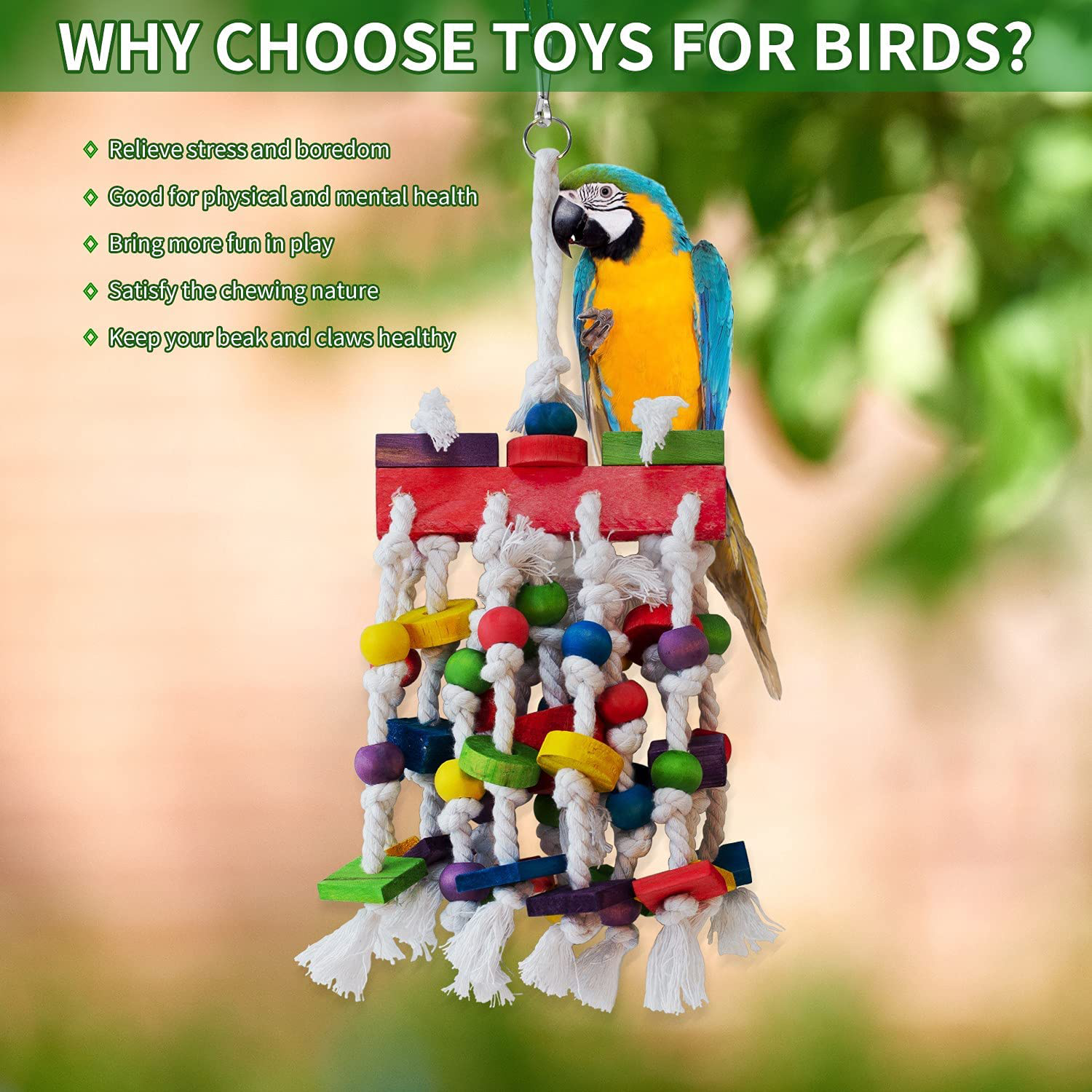 VECELA Parrot Toys, Bird Parrot Toys Set - Parrot Chewing Toys Knots Blocks, Parrot Mirror, Bird Perches - Bird Cage Toys for Budgies, Parakeets, Cockatiels, Conures, Lovebirds, Small or Medium Birds Animals & Pet Supplies > Pet Supplies > Bird Supplies > Bird Ladders & Perches VECELA   