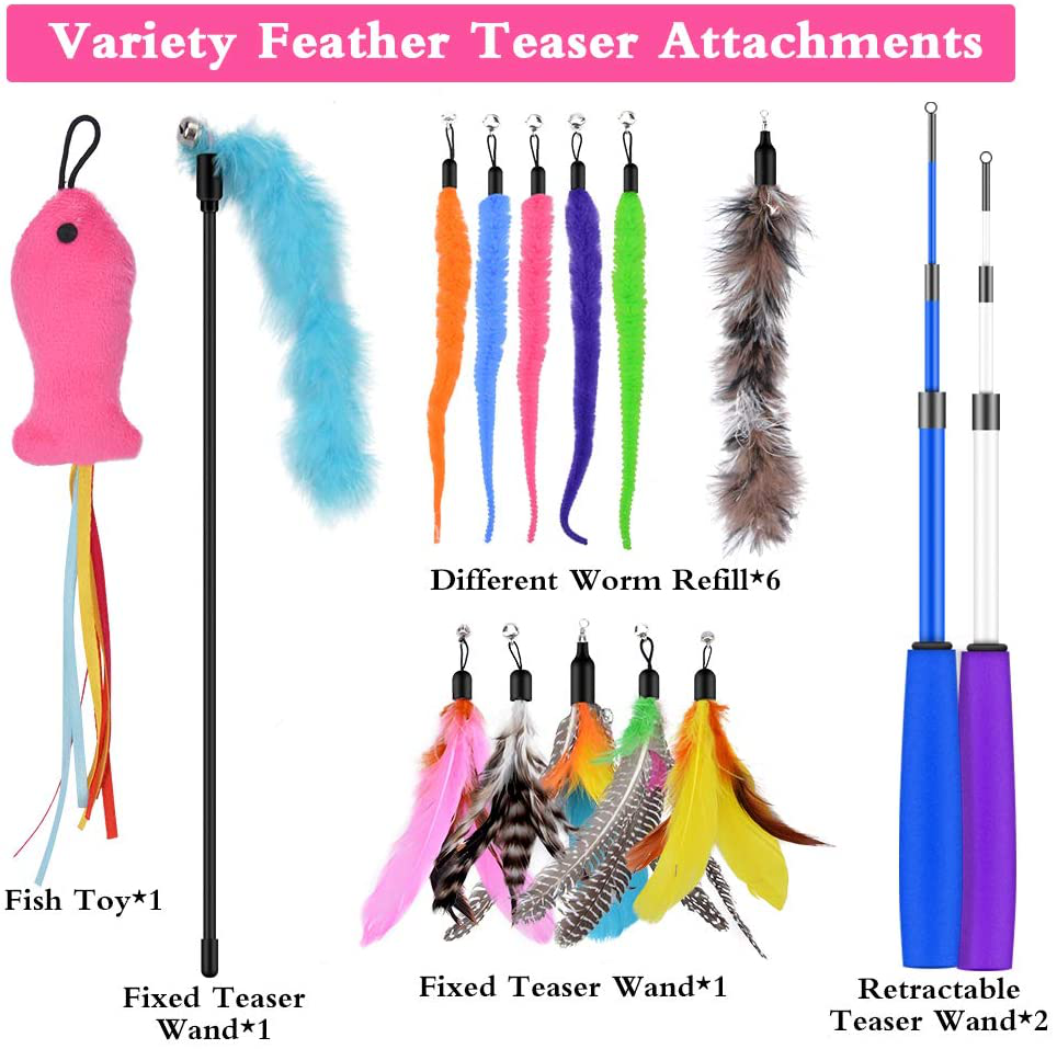 Oziral Cat Teaser, 15PCS Retractable Cat Toy Feather Teaser Cat Toy Cat Wand Feather Interactive Toys with Bells and Feather Refills Set for Indoor Cat and Kitten Exercise Animals & Pet Supplies > Pet Supplies > Cat Supplies > Cat Toys Oziral   