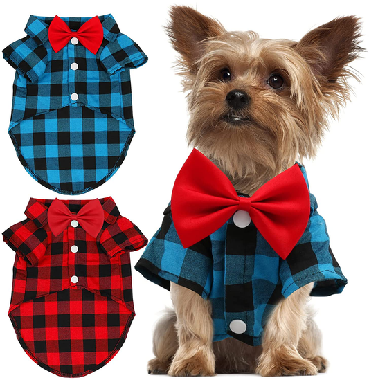 GINDOOR 2 Pack Plaid Dog Shirt - Valentines Cute Boy Dog Clothes and Bow Tie Combo Dog Outfit for Small Medium Large Dogs Cats Birthday Party and Holiday Photos Animals & Pet Supplies > Pet Supplies > Dog Supplies > Dog Apparel GINDOOR Small / Weight (4-6lbs)  
