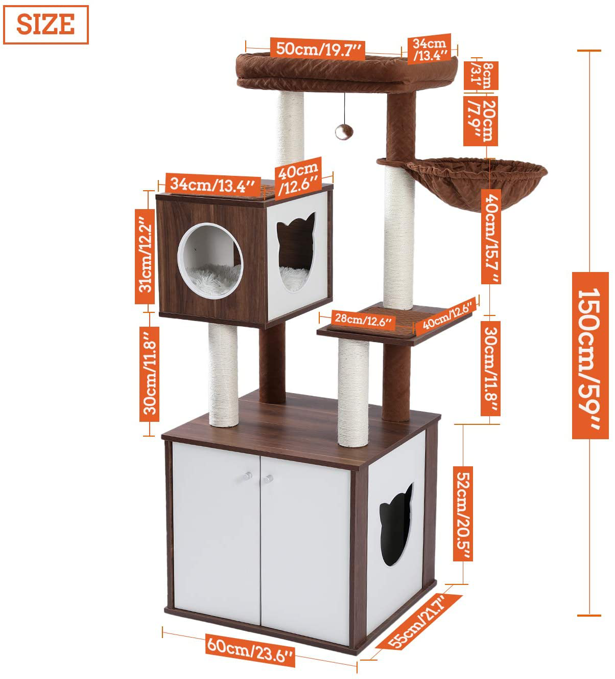 PETEPELA 59’’ All-In-One Cat Tree Multifunctional Modern Cat Tower High-Grade Wood Furniture with Cat Washroom Litter Box House, Cat Condo, Top Perch, Large Hammock and Scratching Post(Brown) Animals & Pet Supplies > Pet Supplies > Cat Supplies > Cat Furniture PETEPELA   