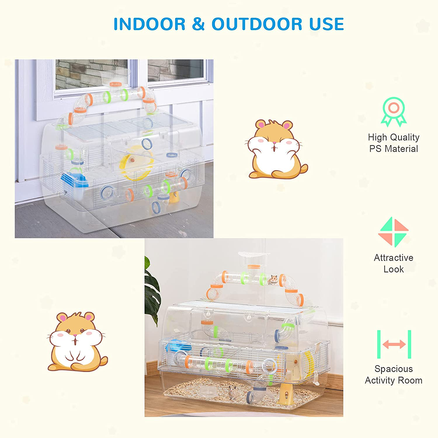 Pawhut Hamster Cage, Small Animal Habitats Rat House Includes Water Bottle, Food Dish, Exercise Wheel, 27.5" L X 18" W X 17.5" H, Transparent