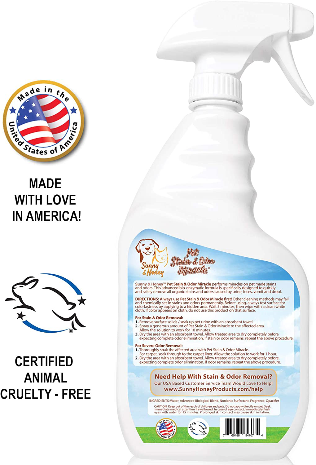 Pet Stain & Odor Miracle - Enzyme Cleaner for Dog Urine Cat Pee Feces Vomit, Enzymatic Solution Cleans Carpet Rug Car Upholstery Couch Mattress Furniture, Natural Eliminator (S/M 32FL OZ) Animals & Pet Supplies > Pet Supplies > Cat Supplies > Cat Furniture Sunny & Honey   