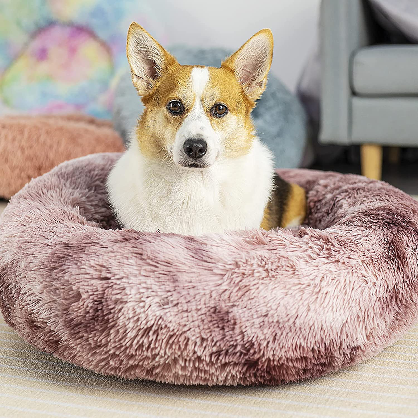 Raimaiso anti Anxiety round Fluffy Plush Faux Fur Warm Washable Dog Bed & Cat Bed, Original Bed for Small Medium Large Pets,Used to Relieve Joints and Improve Sleep（20"/24"/27''） Animals & Pet Supplies > Pet Supplies > Cat Supplies > Cat Beds Raimaiso Tie-Dye/pink 27" 