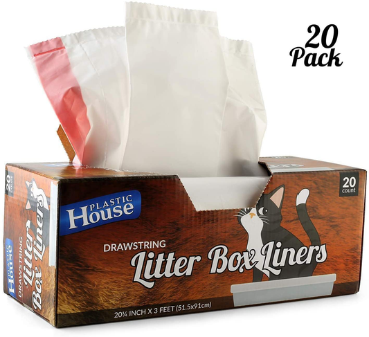 Plastic House Cat Litter Box Liners | Drawstring Liner for Fast, Easy Cleanup | Strong, Thick Kitty Litter Bag Is Tear Resistant and Nearly Indestructible | Heavy Duty Liner Measures 36 X 18 Inches Animals & Pet Supplies > Pet Supplies > Cat Supplies > Cat Litter Box Liners Plastic House Pack of 20  
