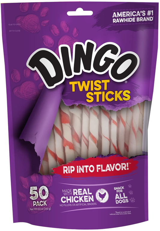Dingo Rawhide Sticks and Twists for Dogs, Rawhide Chews Made with Real Chicken, Non-China Animals & Pet Supplies > Pet Supplies > Dog Supplies > Dog Treats Dingo twist sticks 50 Count 