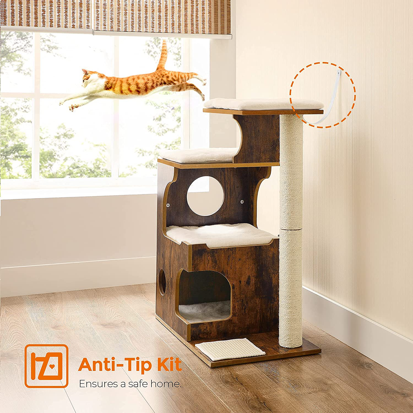 FEANDREA 33.9-Inch Cat Tower, Medium Cat Tree with 3 Beds and Cave, Cat Condo Made of MDF with Wood Veneer, Sisal Post and Washable Faux Fur, Vintage, Rustic Brown and White UPCT70HW Animals & Pet Supplies > Pet Supplies > Cat Supplies > Cat Furniture FEANDREA   