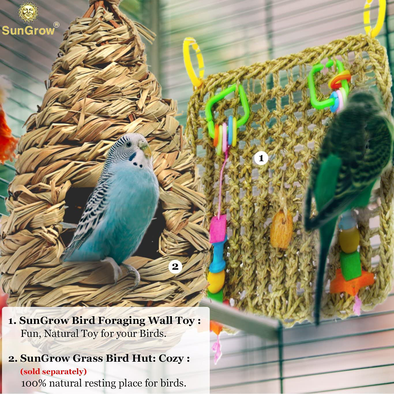 Sungrow Bird Foraging Wall Toy with Hanging Hook, 12.5 X 13.5 Inches, Seagrass Woven Mat with Colorful Wooden Blocks Animals & Pet Supplies > Pet Supplies > Bird Supplies > Bird Cage Accessories SunGrow   