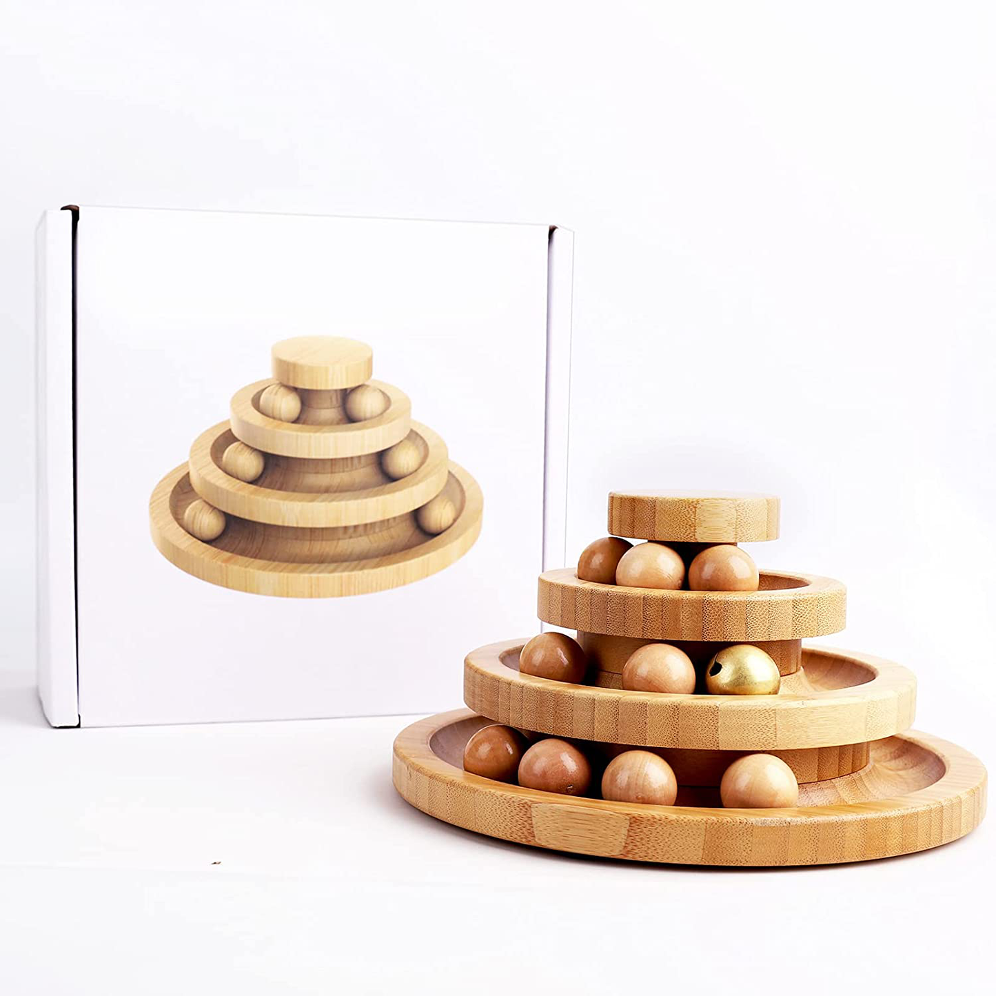 Cat Supplies Funny Roller Cat Balls Bamboo/ Wooden Cat Toys -Three Layer Track Balls Turntable for Kitty Cat Gifts for Your Cats