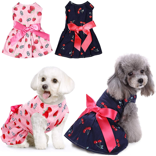 KOESON 2 Pack Dog Dresses Pet Princess Skirts with Ribbon Bowknot, Cute Puppy Sundress Spring Summer Shirts Vest for Small Dogs Cats, Pet Apparel Clothes Doggie Costume for Wedding Holiday Birthday Animals & Pet Supplies > Pet Supplies > Cat Supplies > Cat Apparel KOESON Cherry and Strawberry Medium 