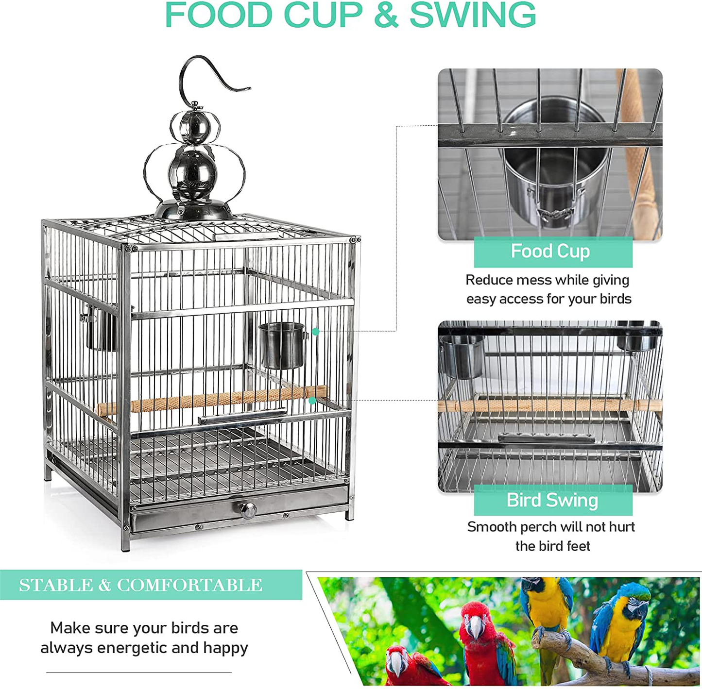 Exttlliy Stainless Steel Parakeet Bird Cage 26 Inch Hanging Conure Bird Cage with Stand for Small Parrot Canary Parakeets Finches Macaw Cockatiels Vision Flight Perches Pet Birdcage Animals & Pet Supplies > Pet Supplies > Bird Supplies > Bird Cage Accessories Exttlliy   
