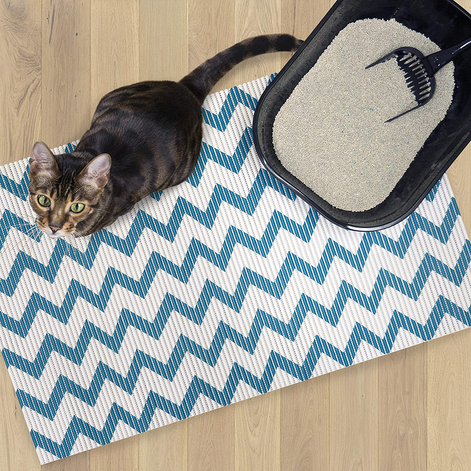 Fresh Kitty Durable XL Jumbo Foam Litter Mat – Phthalate and BPA Free, Water Resistant, Traps Litter from Box, Scatter Control, Easy Clean Mats – Chevron, Blue/White Chevron (9035) Animals & Pet Supplies > Pet Supplies > Cat Supplies > Cat Litter Box Mats Fresh Kitty   