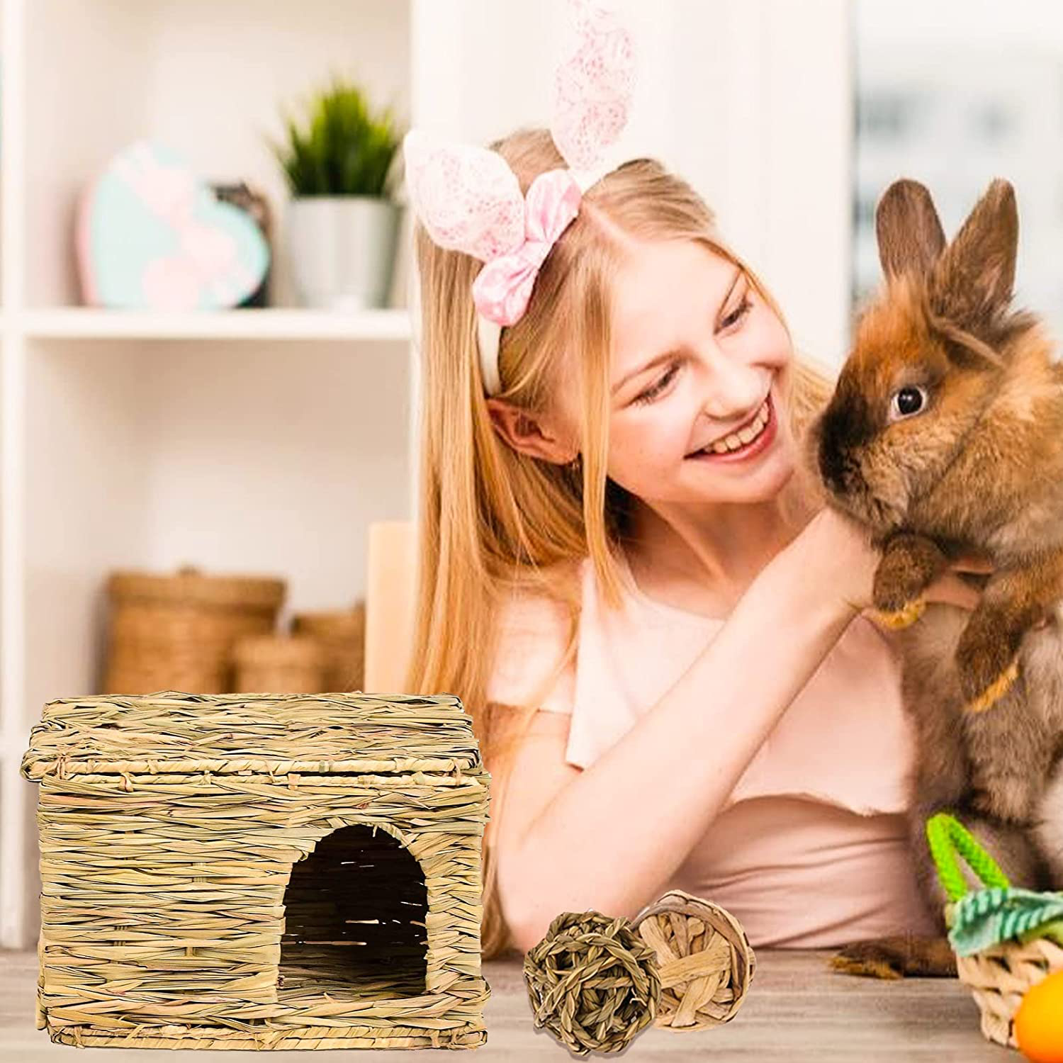 HERCOCCI Grass House for Bunny, Natural Handmade Grass Bed Hideaway Hut Mat with Chew Toys Accessories for Rabbit Bunny Guinea Pig Chinchilla Small Animal - Play and Rest Animals & Pet Supplies > Pet Supplies > Small Animal Supplies > Small Animal Habitat Accessories Small Animal - US   