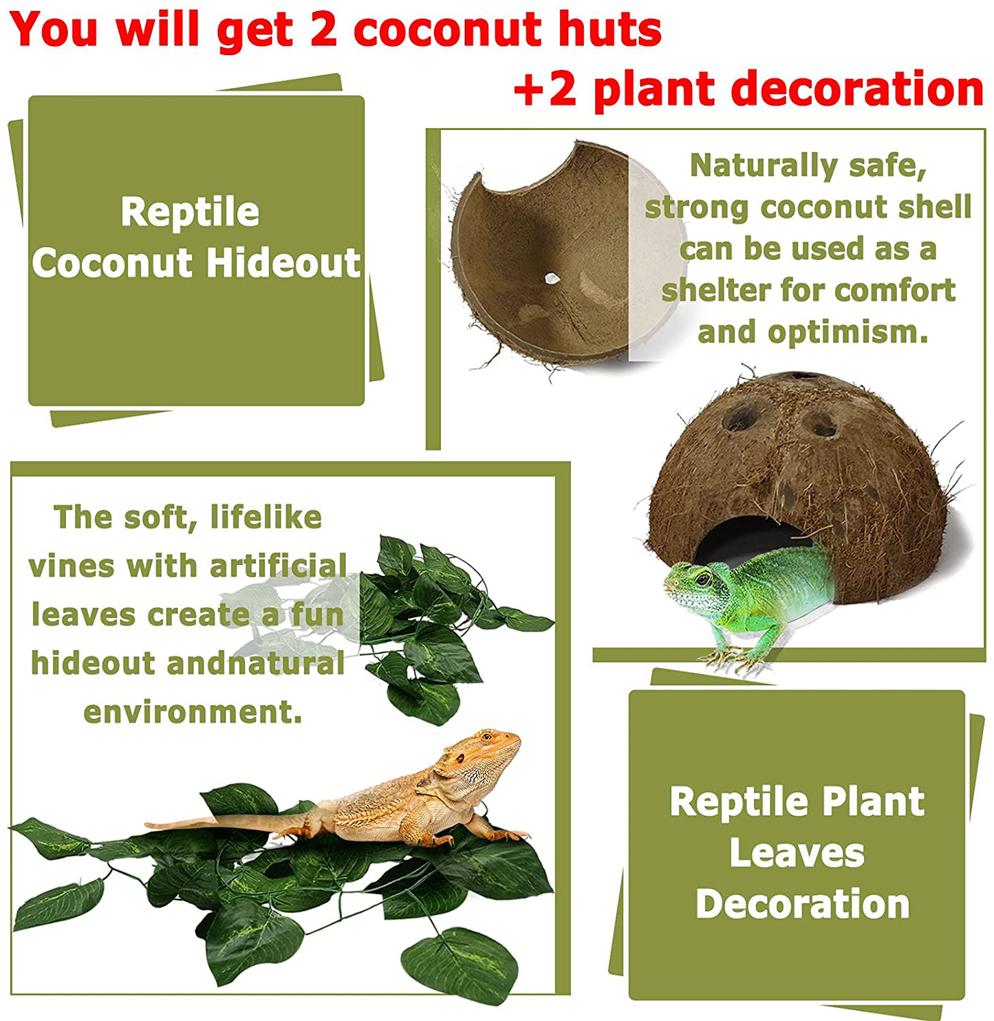 Hamiledyi Reptile Hideouts Natural Coconut Shells Hut Small Animal Hide Cave Hermit Crab Climbing Toys Lizard Habitat Decor Plant Leaves Decoration for Gecko Spider Snake Chameleon (4Pcs) Animals & Pet Supplies > Pet Supplies > Small Animal Supplies > Small Animal Habitat Accessories Hamiledyi   