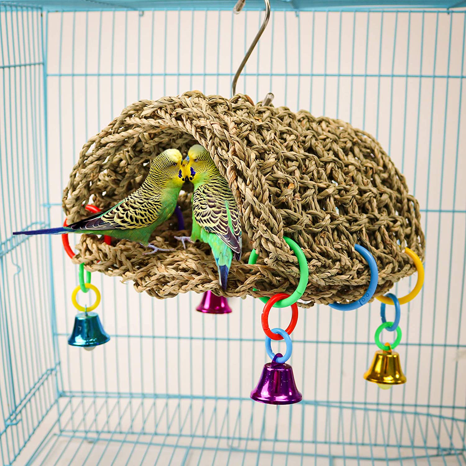 Bird Seagrass Hammock DIY Toys,Parrot Nest House Shed Hut Hanging Hammock Cage Tent Parakeet Perch Stand Climb Ladder Cage Toys for Conure Lovebird Budgie Cockatiel Finch Cockatoo Animals & Pet Supplies > Pet Supplies > Bird Supplies > Bird Ladders & Perches Roundler   