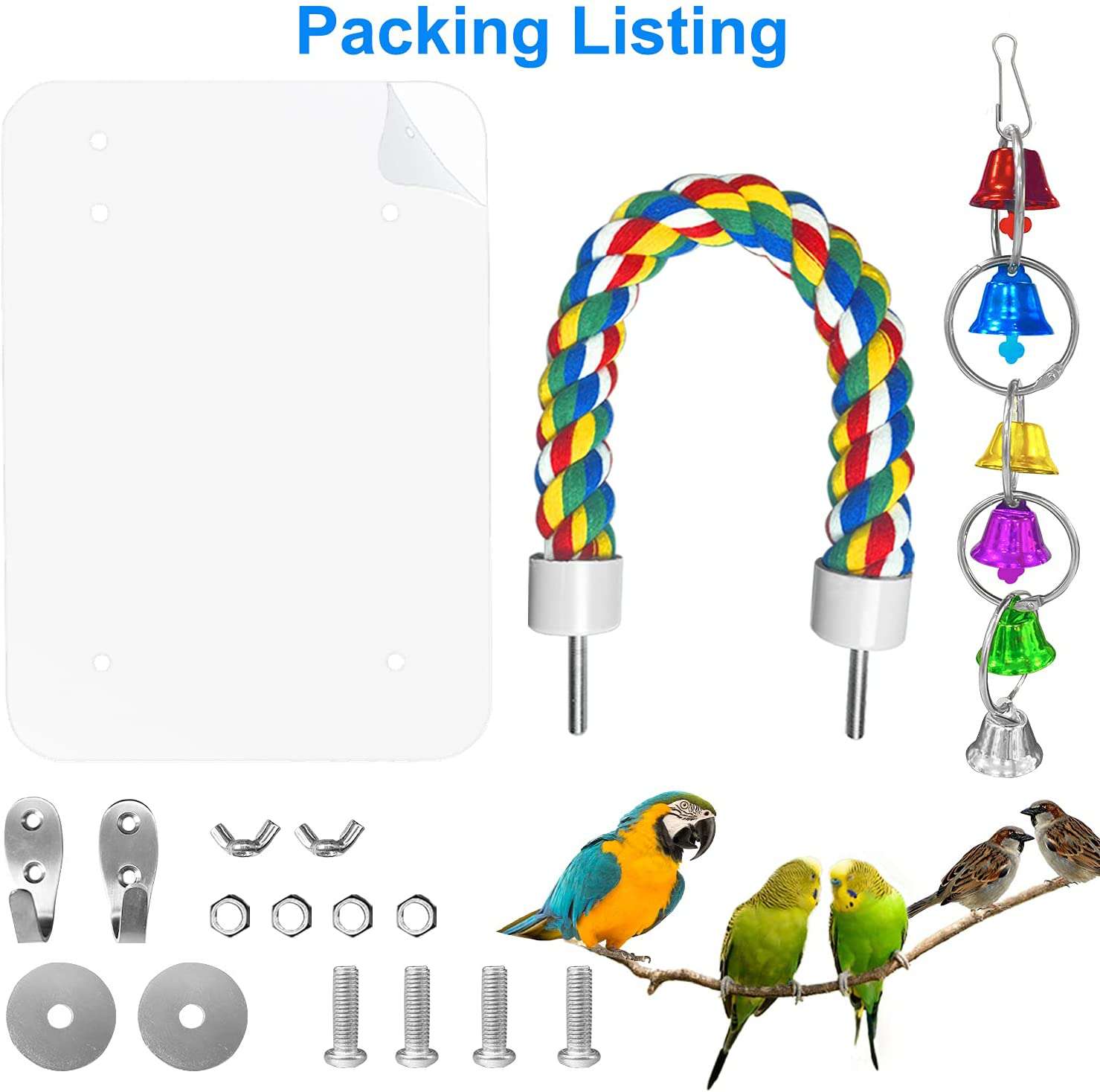 Eeaivnm 7 Inch Pet Bird Mirror Swing Parrot Cage Toys with Rope Perch, Parrot Parakeet Mirror with Bird Swing Bell Toys for Parakeet Cockatoo Cockatiel Conure Lovebirds Finch Canaries