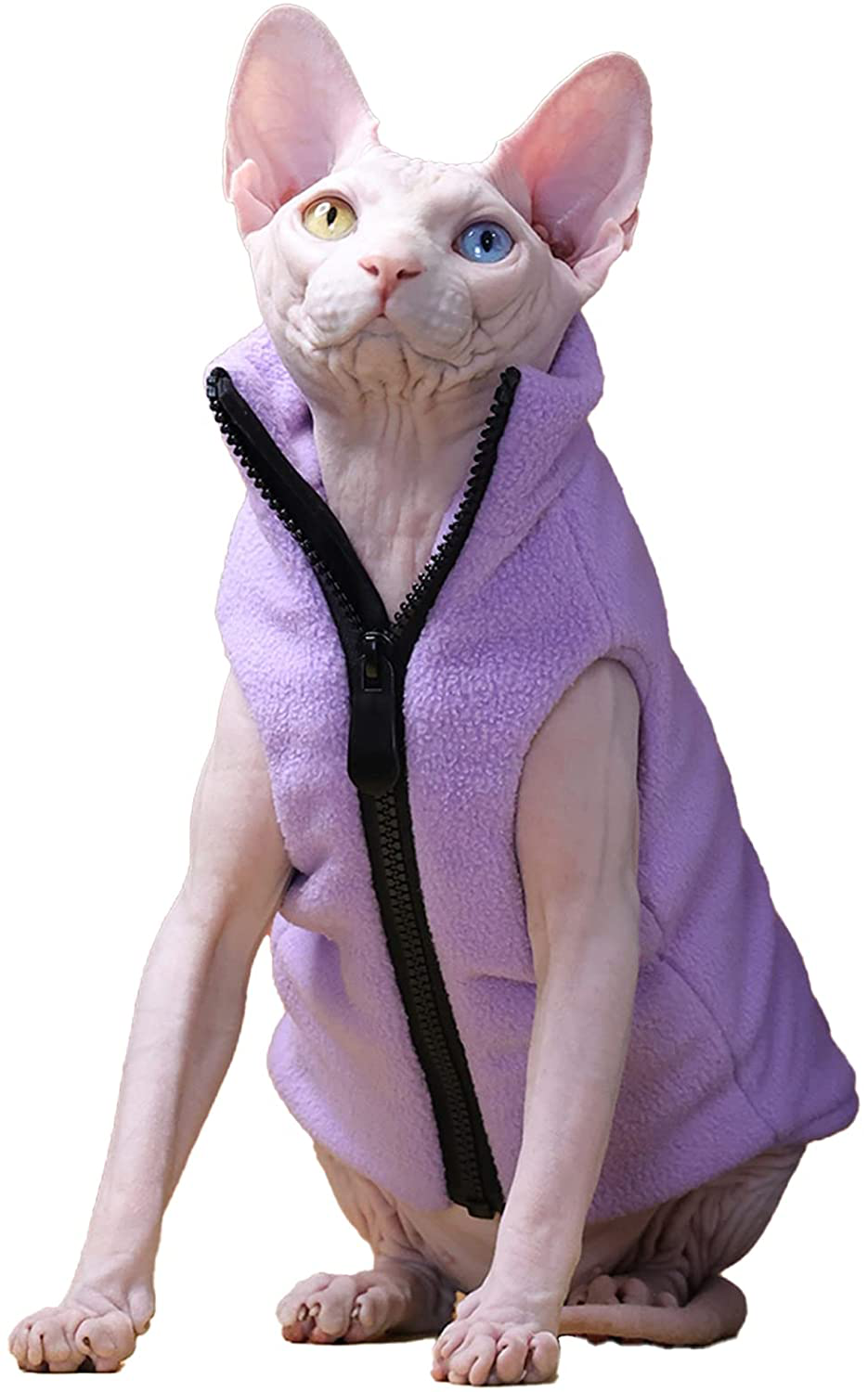 Sphynx Hairless Cat Clothes Autumn Winter Fashion Solid Color Zipper Coat Sleeveless High Collar Soft Faux Fur Sweater Outfit with Pocket Animals & Pet Supplies > Pet Supplies > Cat Supplies > Cat Apparel WQCXYHW Purple L（6.6-8.8lbs） 