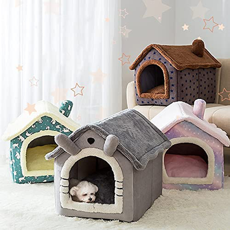 Dog House Kennel Soft Pet Bed Tent Indoor Enclosed Warm Plush Sleeping Nest Basket with Removable Cushion Travel Dog Accessory Coffee