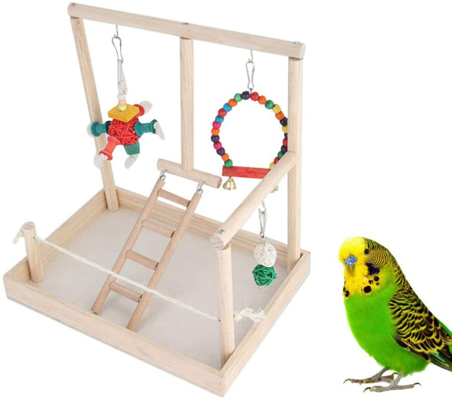 POPETPOP Wooden Bird Play Stand with Swing Perch Chewing Toy Ladder Play Gym Playground Activity Toy for Parakeets Budgie Cockatiels Animals & Pet Supplies > Pet Supplies > Bird Supplies > Bird Gyms & Playstands POPETPOP   