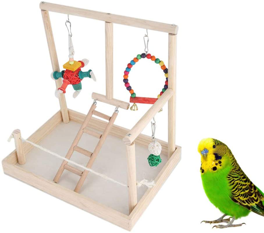 POPETPOP Wooden Bird Play Stand with Swing Perch Chewing Toy Ladder Play Gym Playground Activity Toy for Parakeets Budgie Cockatiels