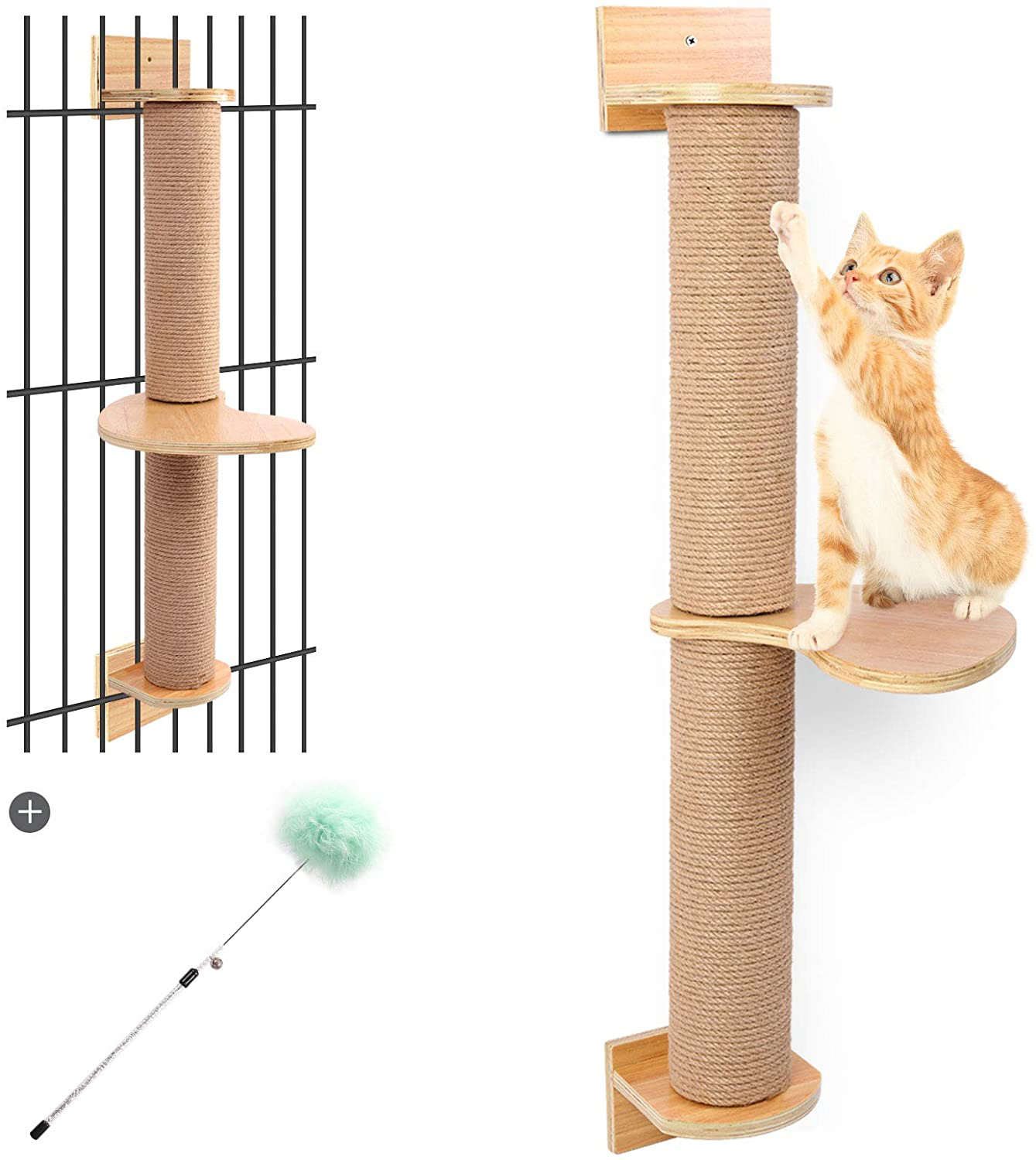 Odoland Cat Activity Tree with Scratching Posts - Wall Mounted Cat Scratching Post Cat Shelves with Solid Wood Steps - Cage Mounted Cat Jute Scratcher Hammock for Indoor Animals & Pet Supplies > Pet Supplies > Cat Supplies > Cat Furniture Odoland   