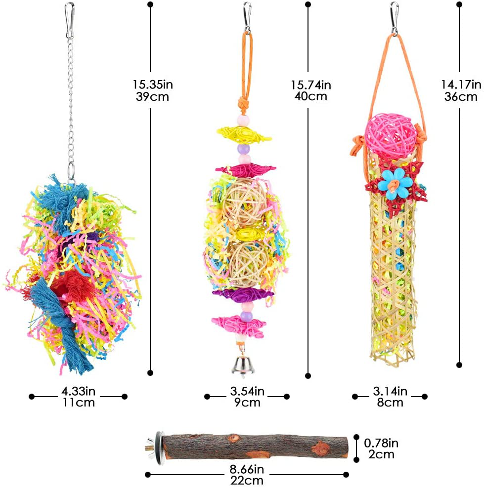 KATUMO 4 Pcs Bird Parrot Toys, Colorful Chewing Shredder Toys Shred Hanging Foraging Toys Bird Wood Perch Stand for Parakeet, Conure, Cockatiel, Mynah, Love Birds, Finch, Small & Medium Pet Birds Animals & Pet Supplies > Pet Supplies > Bird Supplies > Bird Toys KATUMO   