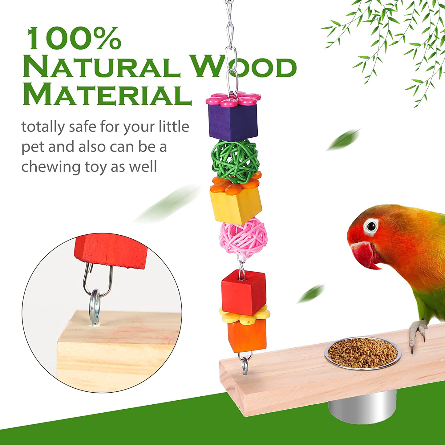 Bird Feeding Dish Cups with Parrot Perch Swing Chew Toys 4 in 1 Hanging Natural Wooden Bird Swing Stainless Steel Parrot Cage Feeder Water Bowl for Parakeet Cockatiels Lovebirds Budgie Pigeons Animals & Pet Supplies > Pet Supplies > Bird Supplies > Bird Cages & Stands KEVOTOMP   