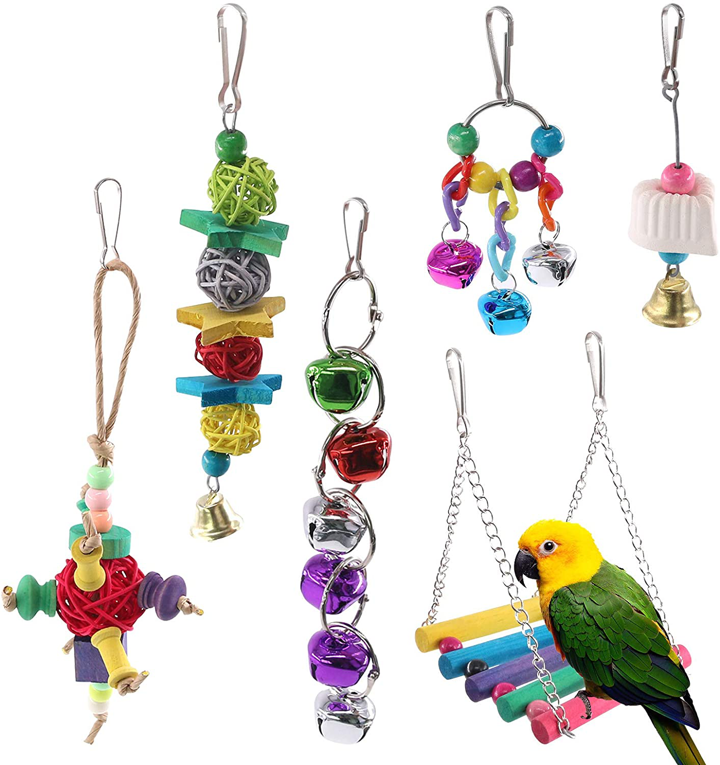 Hilitchi Birds Toys Hanging Hammock Bell Swing Chewing Toys for Parrots, Parakeet, Conure, Cockatiel, Mynah, Love Birds Small Parakeet Cages Decorative Accessories Animals & Pet Supplies > Pet Supplies > Bird Supplies > Bird Toys Hilitchi 6PCS  