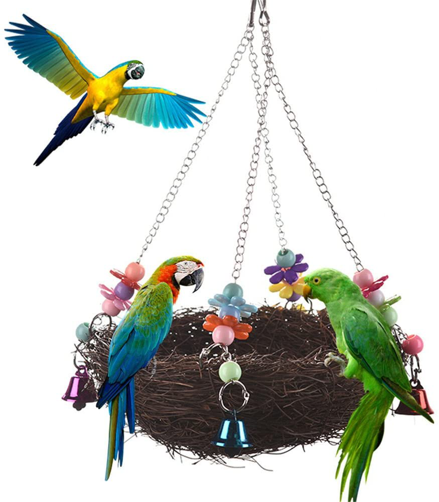 Natural Rattan Nest Bird Swing Toy with Bells for Parrot Cockatoo Macaw Amazon African Grey Budgie Parakeet Cockatiel Conure Lovebird Finch Cage Perch Animals & Pet Supplies > Pet Supplies > Bird Supplies > Bird Gyms & Playstands Keersi L  