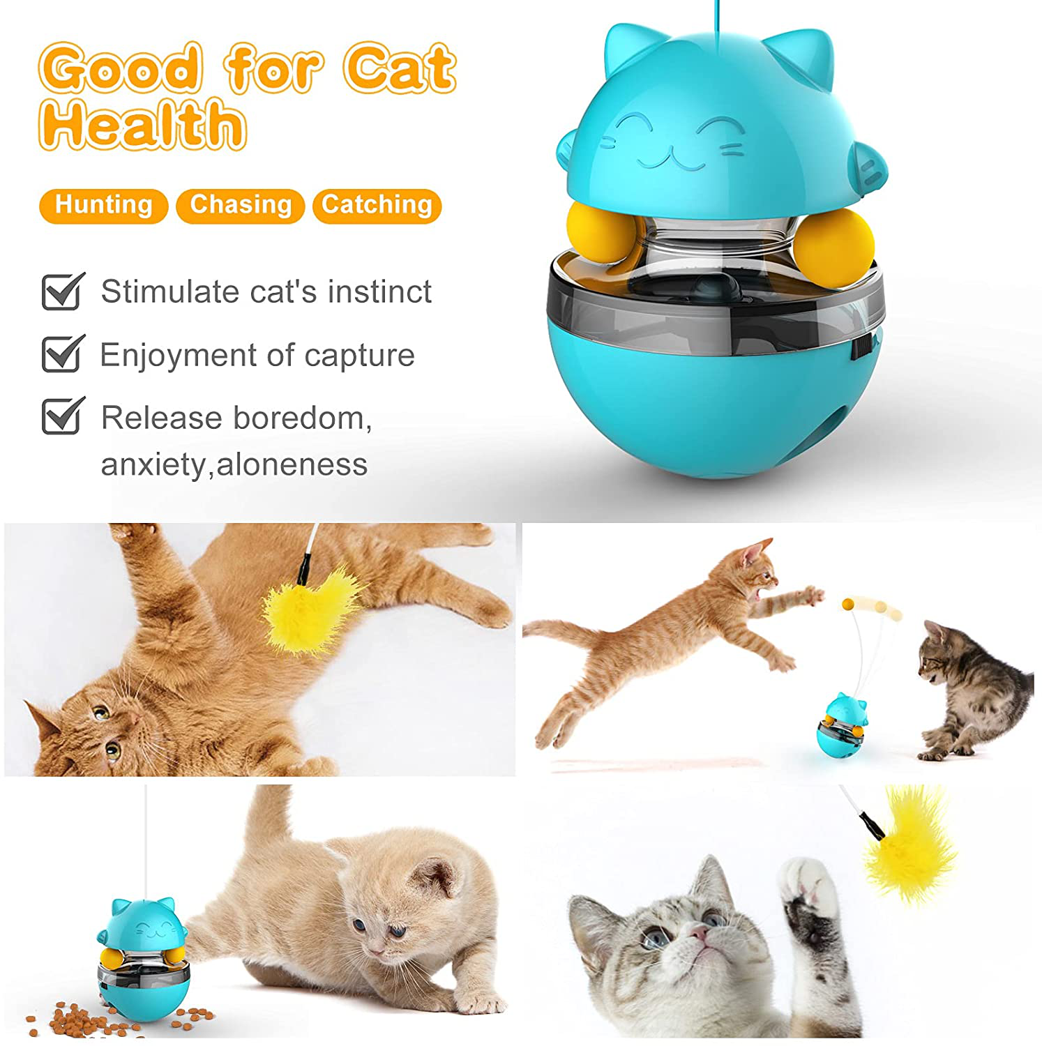 Interactive Cat Toys for Indoor, 2-In-1 Cat Feather Toy & Cat Ball Toy, Automatic Pet Exercise Toys, Tumbler Cat Toys for Play Cats/Kitten with Feather, Satisfies Kitty'S Chasing & Eating Needs