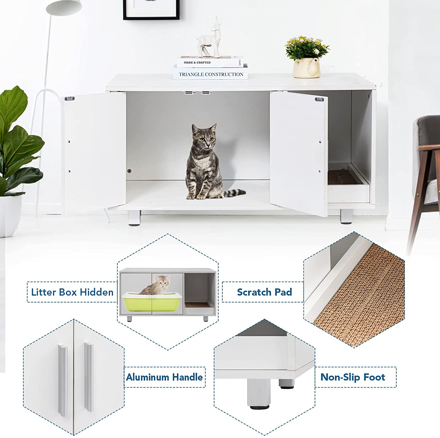 Phupaw Cat Litter Box Furniture Hidden, Large Litter Box Enclosure Cat Washroom Bench Side Table with Cat Scratch Pad and Spacious Storage for Living Room, Bedroom, Bathroom Animals & Pet Supplies > Pet Supplies > Cat Supplies > Cat Furniture Phupaw   