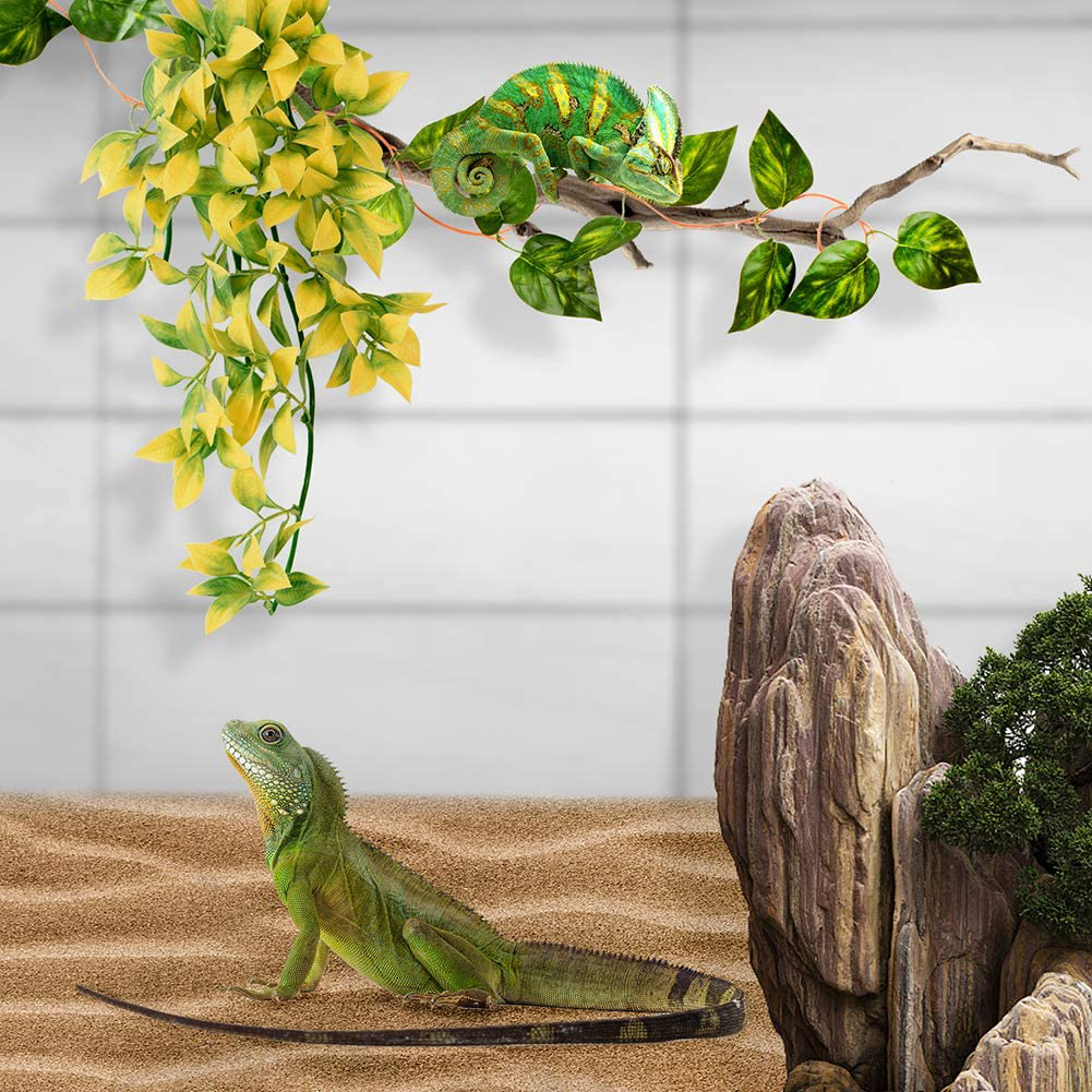 Reptile Plants Hanging Vines Climbing Terrarium Plant Tank Habitat Decorations with Suction Cup for Lizards Geckos Snake Chameleon Iguana Crab Earded Dragons Tree Frog Toads Salamanders (Green+Yellow)
