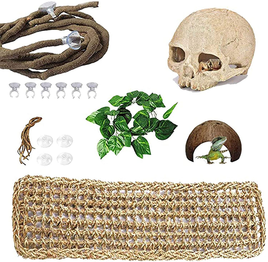 PINVNBY Bearded Dragon Tank Accessories,Reptiles Resin Human Skull Habitat Decor,Lizard Hammock Coconut Shell Hut Hideouts Cave Jungle Climber Vines Leaves Decorations for Chameleon Snake Spider Gecko Animals & Pet Supplies > Pet Supplies > Reptile & Amphibian Supplies > Reptile & Amphibian Habitats PINVNBY   