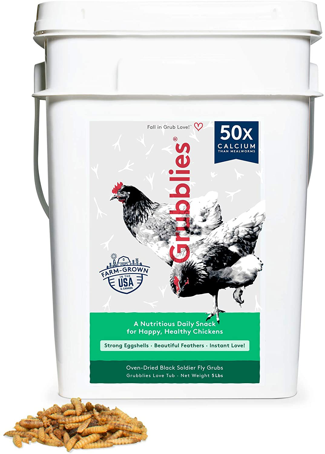 Grubblies Natural Grubs for Chickens - Chicken Feed Supplement with 50X Calcium, Healthier than Mealworms - Black Soldier Fly Larvae Chicken Snacks for Hens, Birds Animals & Pet Supplies > Pet Supplies > Bird Supplies > Bird Treats Grubbly Farms Grown in the USA and CA - Love Tub  