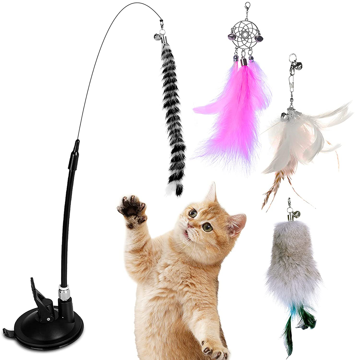 Interactive Cat Toys Ball Track Top Feather Wand with Bells for Kitten to Senior Cat Fun - Indoor Self Play Anxiety Relief Exercise - 6 Kicker Balls, 1 Bell Bead, 3 Teaser Spring Replacement Animals & Pet Supplies > Pet Supplies > Cat Supplies > Cat Toys WOWKIT Feather Teaser Cat Toy  