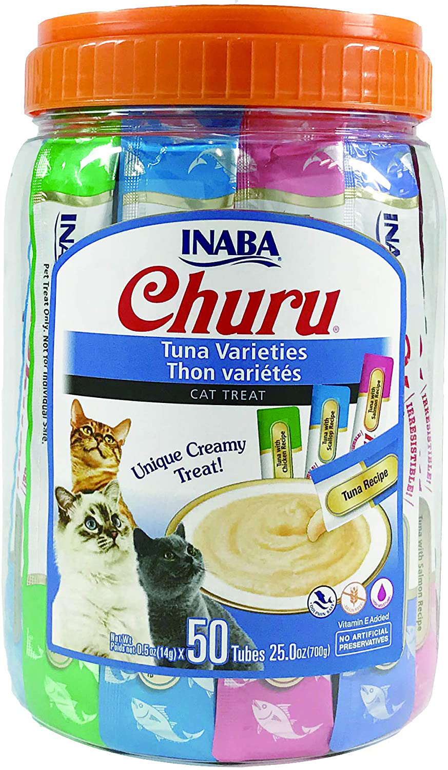 INABA Churu Cat Treats, Grain-Free, Lickable, Squeezable Creamy Purée Cat Treat/Topper with Vitamin E & Taurine, 0.5 Ounces Each Tube, 50 Tubes, Tuna Variety Animals & Pet Supplies > Pet Supplies > Cat Supplies > Cat Treats INABA   