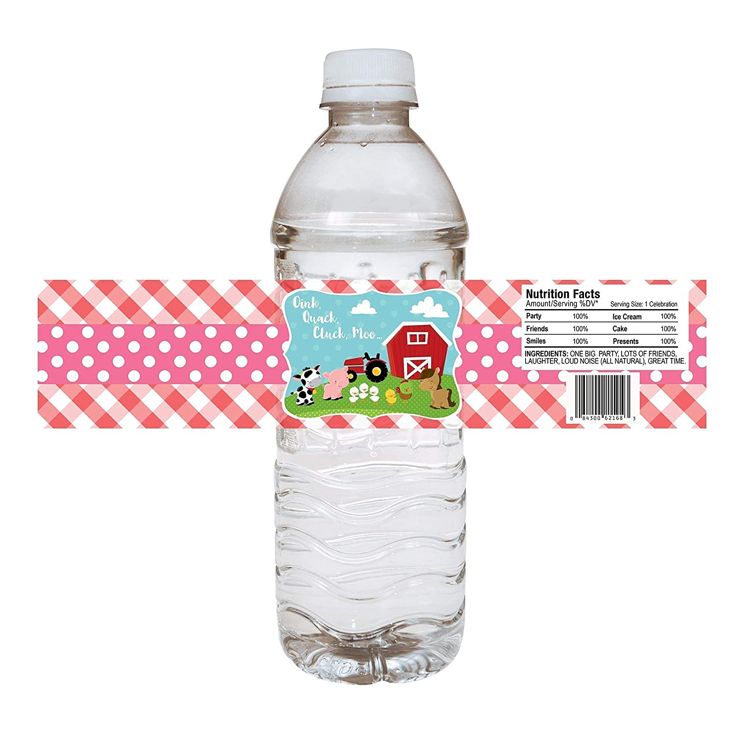 Farm Animals Water Bottle Labels - Birthday Baby Shower Party Drink Sticker Pink and Red - Set of 12